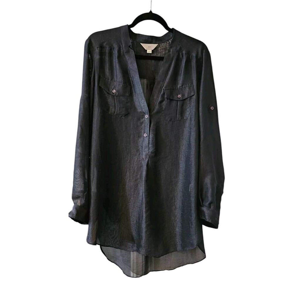 Zoa Womens Small Blouse Sheer Navy V-Neck Pockets Roll Tab Sleeves